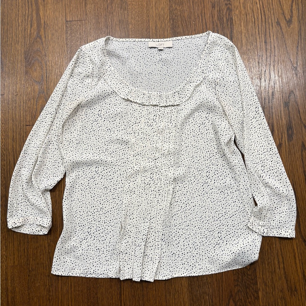 LOFT White Blouse with Black Dot Ruffle Scoop Neck
